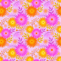 Fototapeta na wymiar Seamless floral pattern of pink and orange gerberas and herbal elements on a light pink background. Bright background for textiles, packaging, web design, printing, and other purposes. 