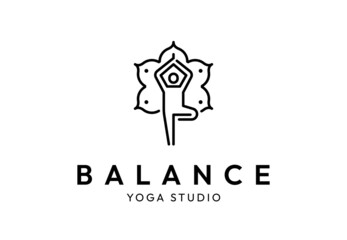 Minimalist outline illustration of yoga studio logo emblem template with figure of person balancing in Tree pose