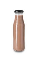 Bottle of tasty chocolate milk on white background