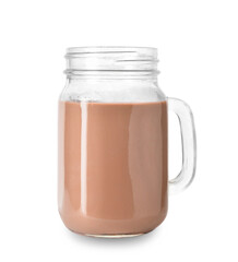 Mason jar of tasty chocolate milk on white background