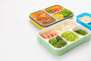 Containers with various healthy food isolated on white background