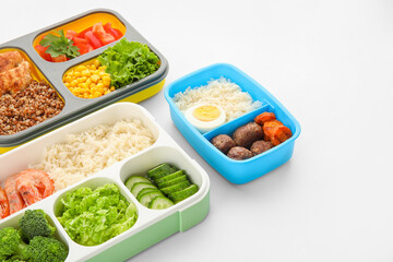 Containers with various healthy food on white background, closeup