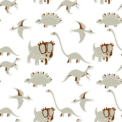 Dinosaurs seamless pattern. Colorful characters, plants and abstract shapes on background. Vector illustration for printing on fabric, postcard, wrapping paper, gift products, Wallpaper, clothing. 