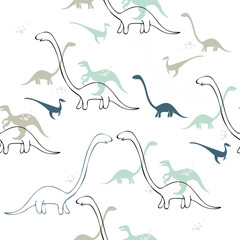 Dinosaurs seamless pattern. Colorful characters, plants and abstract shapes on background. Vector illustration for printing on fabric, postcard, wrapping paper, gift products, Wallpaper, clothing. 