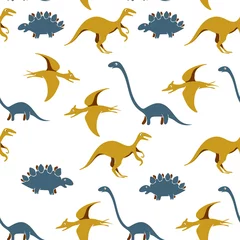  Dinosaurs seamless pattern. Colorful characters, plants and abstract shapes on background. Vector illustration for printing on fabric, postcard, wrapping paper, gift products, Wallpaper, clothing.  © MarijaBazarova