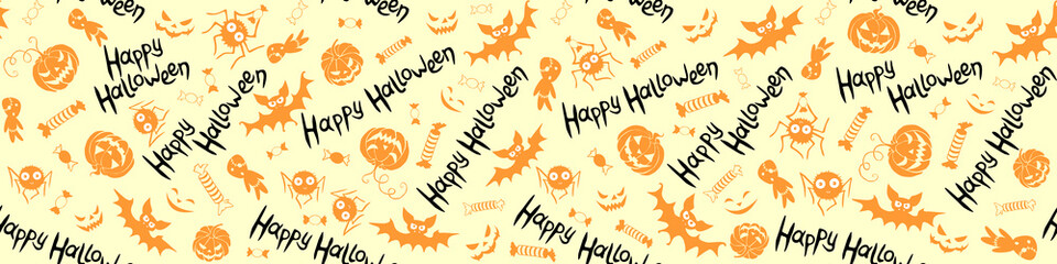 Happy Halloween-seamless pattern of traditional holiday symbols-pumpkin, Jack lantern, zombie, bat, spider, candies. Funny texture for greeting card, invitation, party poster, wrapping paper.