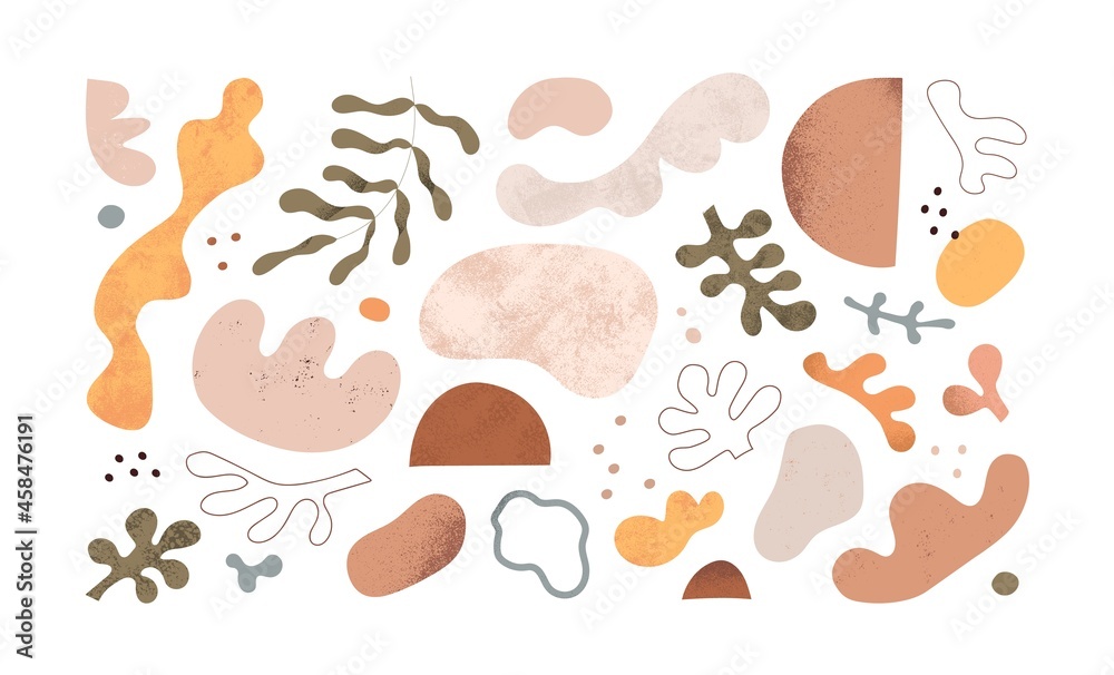 Poster Abstract doodle shapes, blobs, plants and leaf set. Bundle of modern creative geometric design elements. Trendy contemporary simple objects. Flat vector illustration isolated on white background