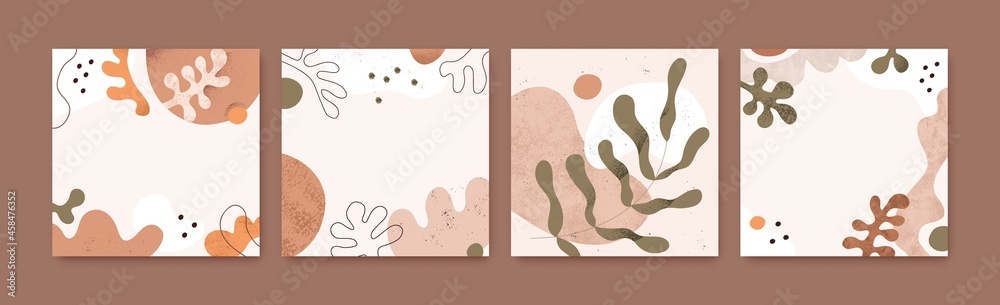 Poster Modern square cards with abstract geometric shapes and background for text. Set of designs with trendy leaf, random doodle fluid blots, blobs, splatters and splashes. Flat textured vector illustration