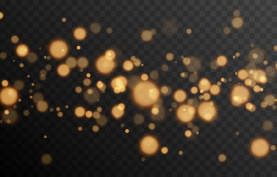 Gold bokeh on isolated transparent background. Light effect png, blurred bokeh png, christmas background. Magic glow, radiance.