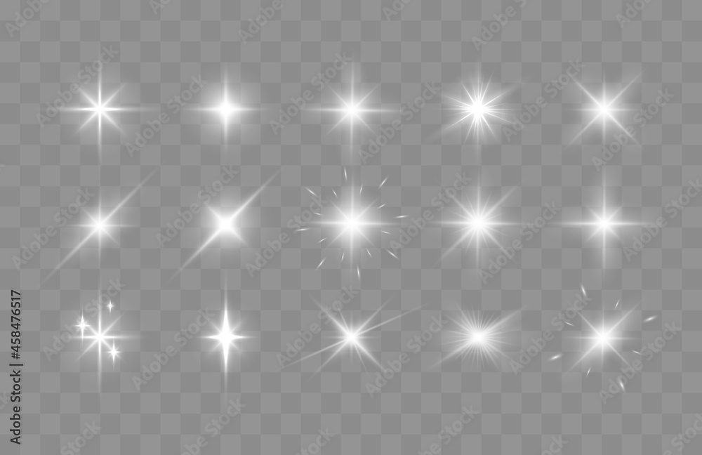Poster Set of shining sparkles and lens flares. Glowing lights isolated on transparent background. Vector illustration