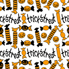 Vector seamless pattern of candy in different wrappers in Halloween style. Trick or treat lettering. Bright texture for holiday design, guiding, decoration, wrapping paper