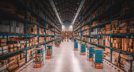 modern warehouse with automated goods movement system. - obrazy, fototapety, plakaty