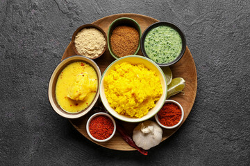 Traditional Indian food with spices on dark background