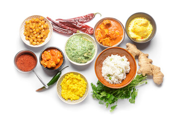 Traditional Indian food and spices on white background