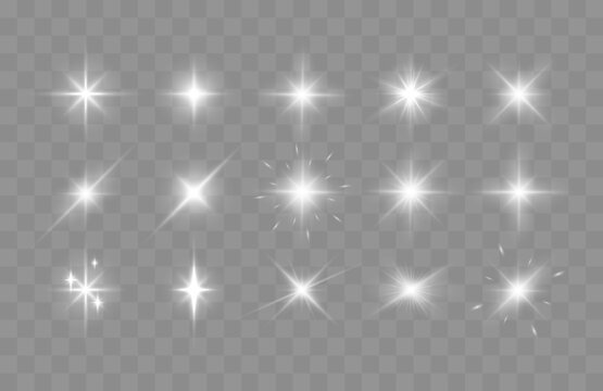 Set of shining sparkles and lens flares. Glowing lights isolated on transparent background. Vector illustration
