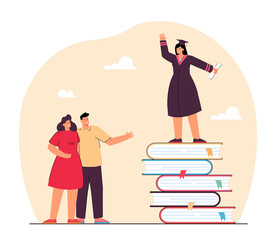 Proud parents looking at daughter wearing graduation cap. Girl standing on huge books flat vector illustration. Education, graduation, university concept for banner, website design or landing web page