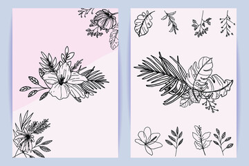 Beautiful line art bouquet of flowers and leaves template set