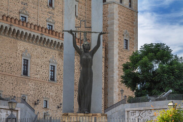 alcazar de toledo historical monument of the city with the statue of a woman with a spear...