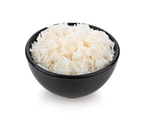 Rice in black bowl on white background