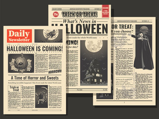 Halloween Postcard set Retro Newspaper Pages Stylization, Pumpkins, Dracula, Witch, Haunted Mansions 