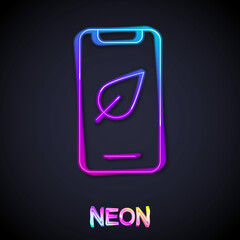 Glowing neon line Smartphone, mobile phone with leaf icon isolated on black background. Vector