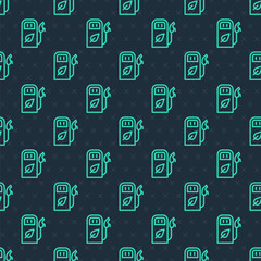 Green line Petrol or gas station icon isolated seamless pattern on blue background. Car fuel symbol. Gasoline pump. Vector