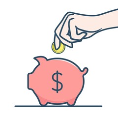 The hand puts a coin in a pig piggy bank. Investment concept. Flat illustration isolated on white background