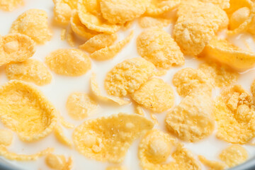 Tasty cornflakes with milk, closeup