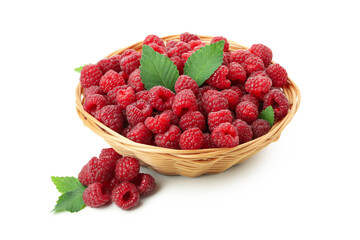 Red juicy raspberries in wicker vase, isolated on white background