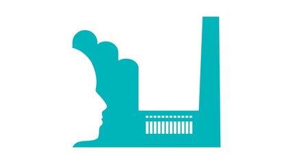 Human head and abstract industrial building icon.
