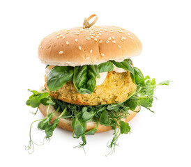 Tasty vegetarian burger on white background