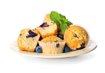 Plate with tasty blueberry muffins on white background