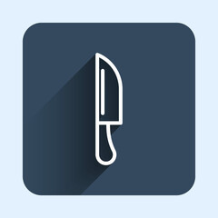 White line Knife icon isolated with long shadow background. Cutlery symbol. Blue square button. Vector