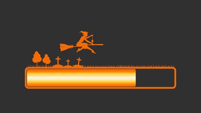 Flying young witch silhouette on a broomstick and loading bar