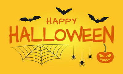 Happy Halloween text. Party banner or background typography design with bats, spider web and scary pumpkin. Vector illustration.