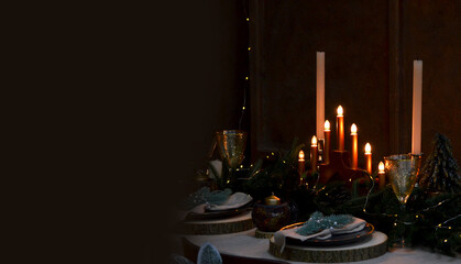 Christmas table with candles, magic Christmas Eve home design, space for text