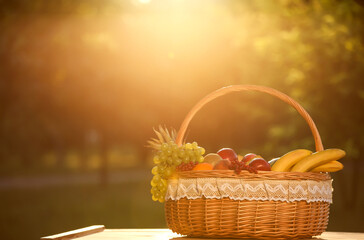 Fototapeta na wymiar Wicker basket with fresh fruits on table outdoors