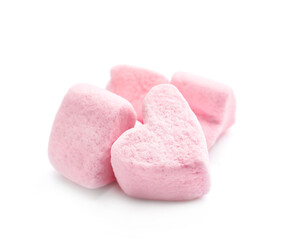 Sweet heart shaped marshmallows on white background