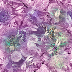 Creative seamless watercolor pattern of plants, Herbs, flowers, lily. Immortelle plant, tansy, wild herbs. dragonfly,butterfly. Abstract paint splash Watercolor background. Vintage Paper, cloth, scarf