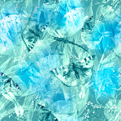 Creative seamless watercolor pattern of plants, Herbs, flowers, lily. Immortelle plant, tansy, wild herbs. dragonfly,butterfly. Abstract paint splash Watercolor background. Vintage Paper, cloth, scarf