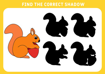 Find the correct shadow, education game for children.  squirrel. Vector illustration.