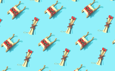 Creative Christmas concept and pattern with vintage ornate. Skis and sleds.