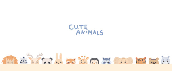 A banner with cute animals peeking out. Lion, panda, deer, mouse, bear, vector illustration