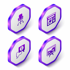 Set Isometric Office chair, Online shopping on screen, Business negotiations and Monitor with graph chart icon. Purple hexagon button. Vector