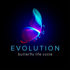 Evolution butterfly life cycle. Flying moth neon silhouette in 3D line art style. Vector illustration of glowing papillon wireframe side view isolated on a dark background
