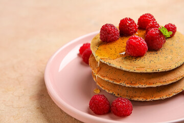 Plate of tasty pancakes with honey and berries on color background, closeup