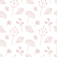 doodle plant pattern. Seamless background. Cute abstract flowers and leaves. Minimalistic design. Universal design for textiles, digital paper, cosmetics packaging. Vector illustration, hand drawn