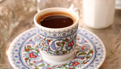 Cup of coffee on the tray, Turkish cofffe traditional drink

