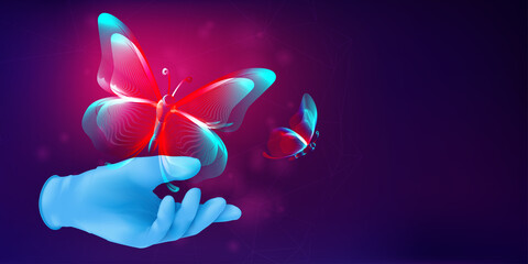 Obraz na płótnie Canvas Butterfly silhouette flying away from human hand in a realistic rubber glove. 3D vector illustration with an abstract outline of moth. Metamorphosis concept horizontal banner in neon line art style