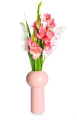 Vase with gladiolus flowers on white background